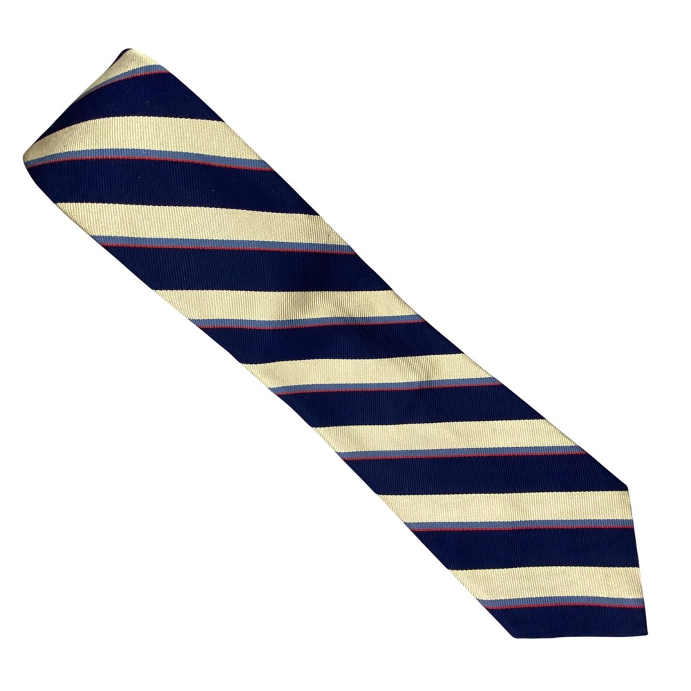 VTG May D&F Striped Repp Tie Mens Silk Navy Cream Red Regimental Preppy 56x3.5‎